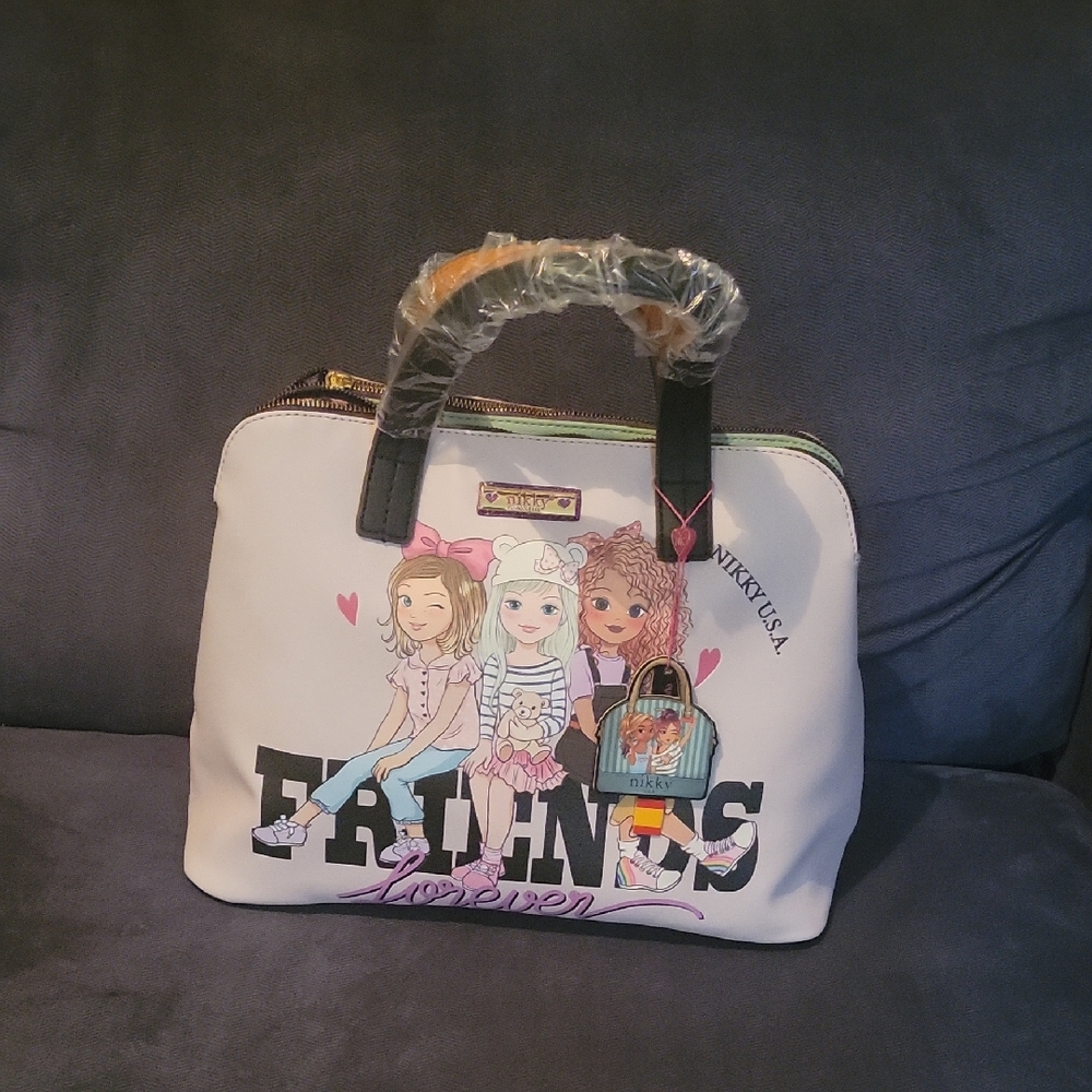 White and Black Shoulder Bag with Graphic Design